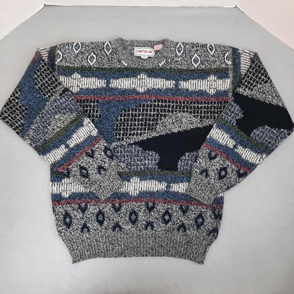 Vintage Campus Sweater Mens Large Multicolor Abstract Coogi Style Taiwan 90s